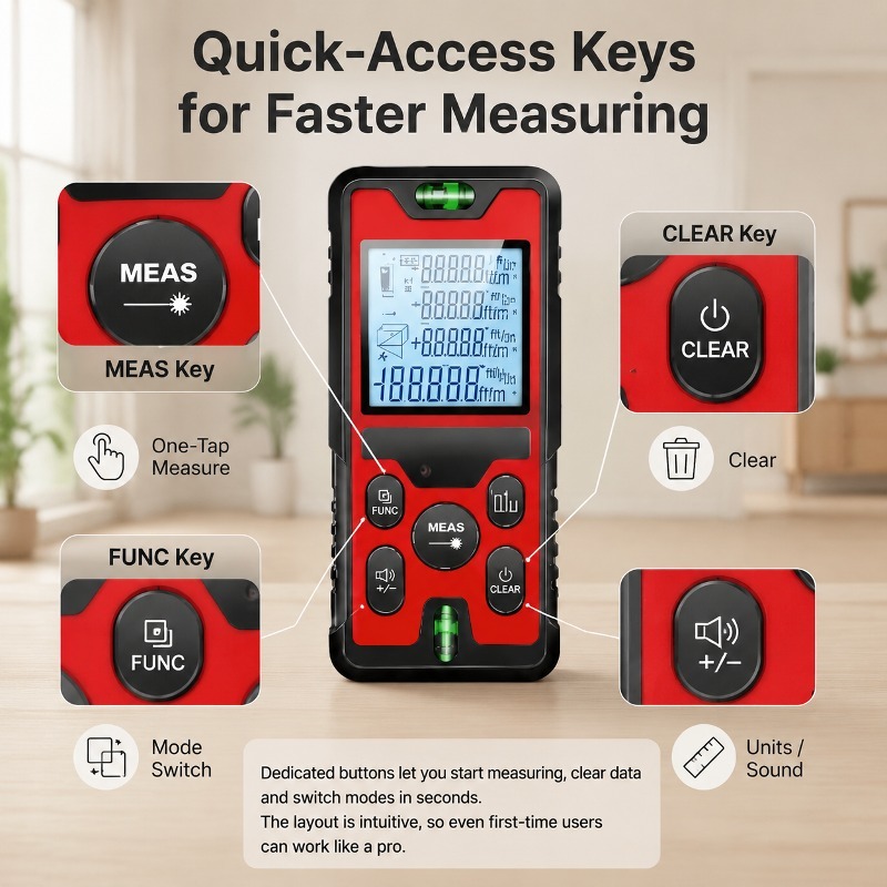 Laser Distance Meter With Bubble Level - 120M Laser-Entfernungsmesser, wiederaufladbar über USB-C, Laser-Entfernungsmesser