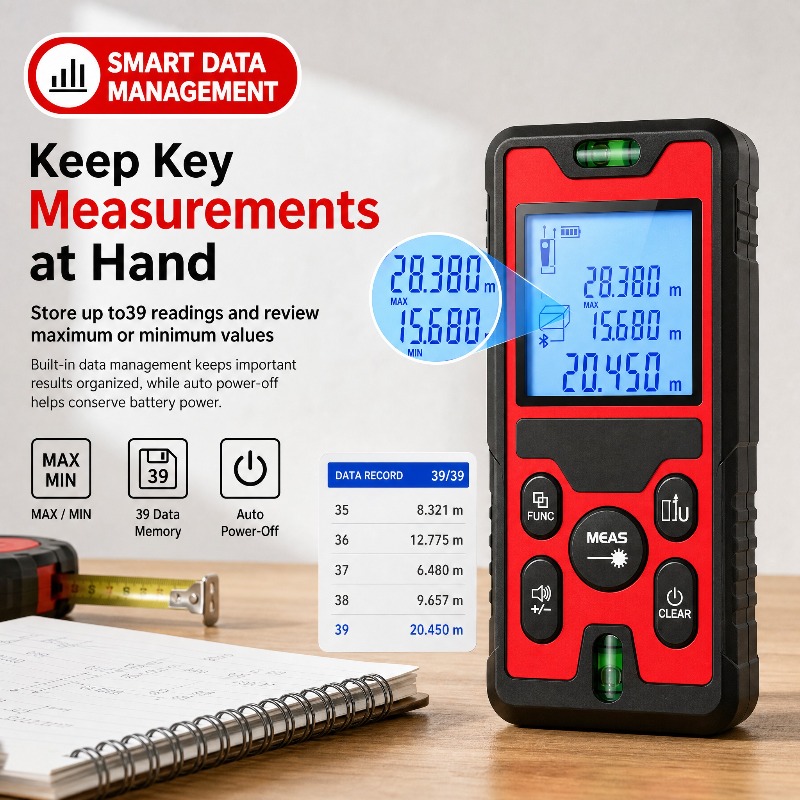 Laser Distance Meter With Bubble Level - 120M Laser-Entfernungsmesser, wiederaufladbar über USB-C, Laser-Entfernungsmesser